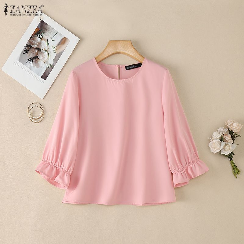ZANZEA Women Casual Round Neck Solid Color 3/4 Sleeve Loose Blouse