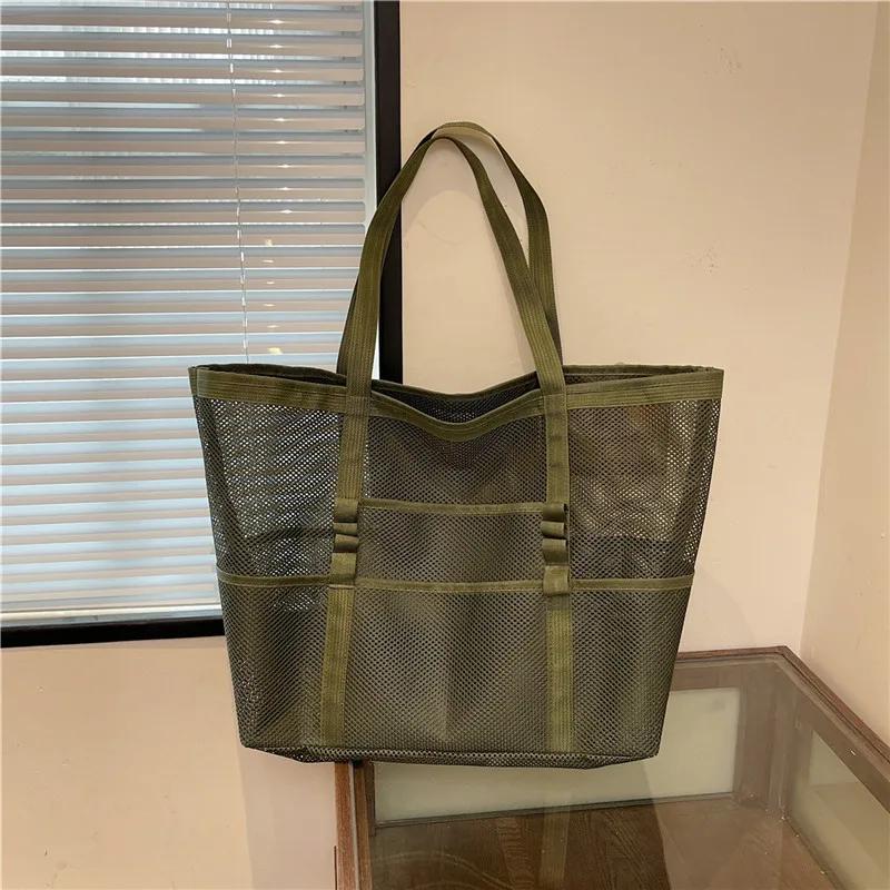 Bolsa de playa de malla portátil para mujer, bolsa de almacenamiento de maquillaje para viajes, bolsa de baño de verano, organizador, bolsa de compras