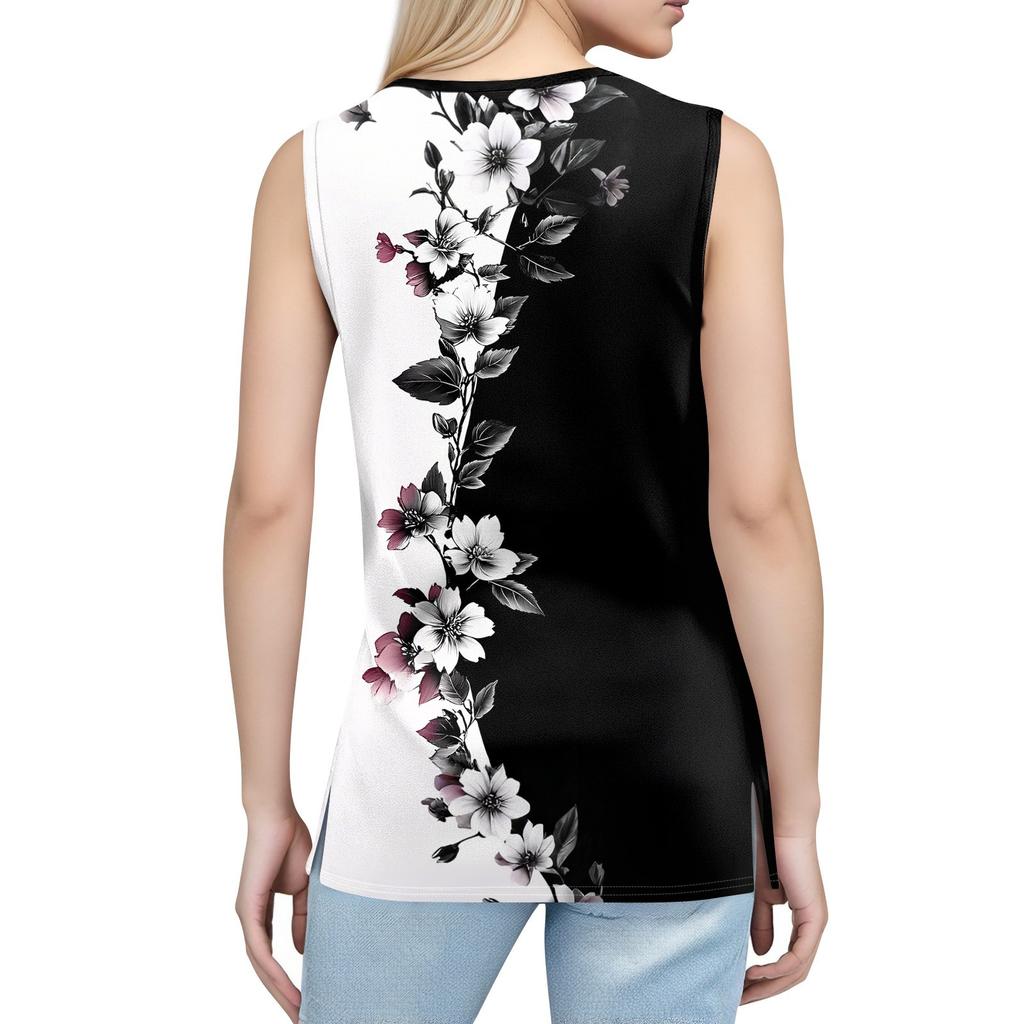 Women's Print Tank Top Button-down V-neck T-shirt Sleeveless Loose Fashion Top