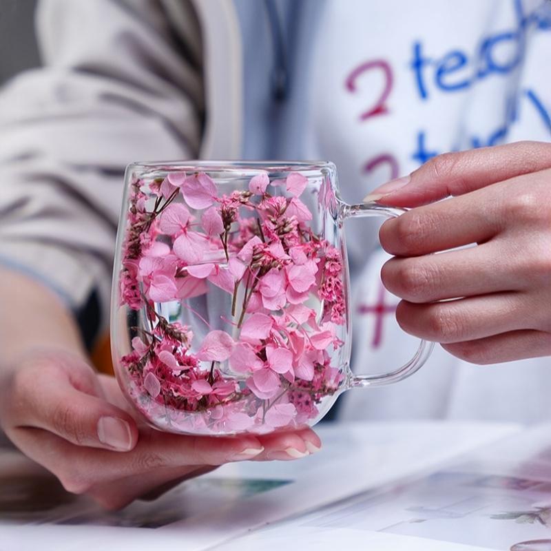250ml Double-Walled Glass Cup with Handle High Borosilicate Reusable Coffee Mug, Built-In Floral Design for Hot & Cold Beverages