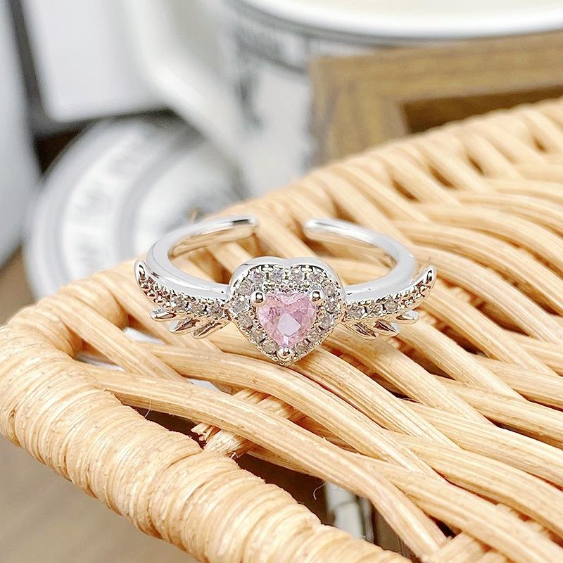 Sweet Full Diamond Pink Love Zir*****Pen Ring Color Treasure Niche Light Luxury High Sense Stacking Wearing Personalized Ring Woman
