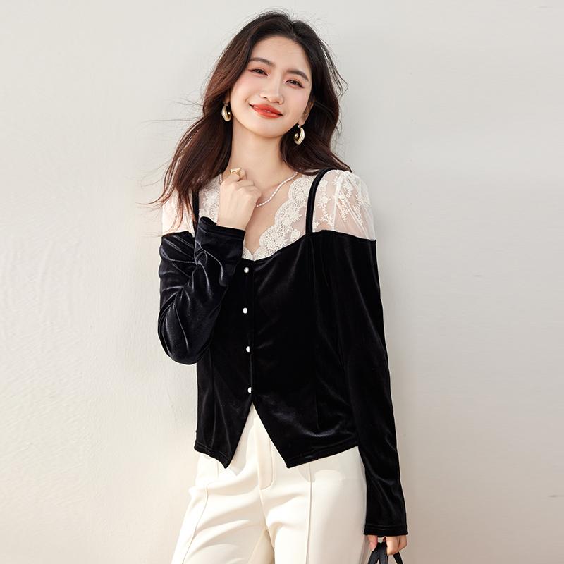 Spring New Women's Lace Stitching Velvet Inner Sexy V-Neck Shirt