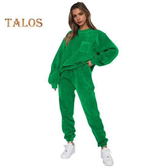 2 Pcs/Set Women Top Pants Set Long Sleeve Elastic Cuff Sweatshirt Pure Color Stretchy High Waist Ankle-banded Trousers Sport Fitness Tracksuit