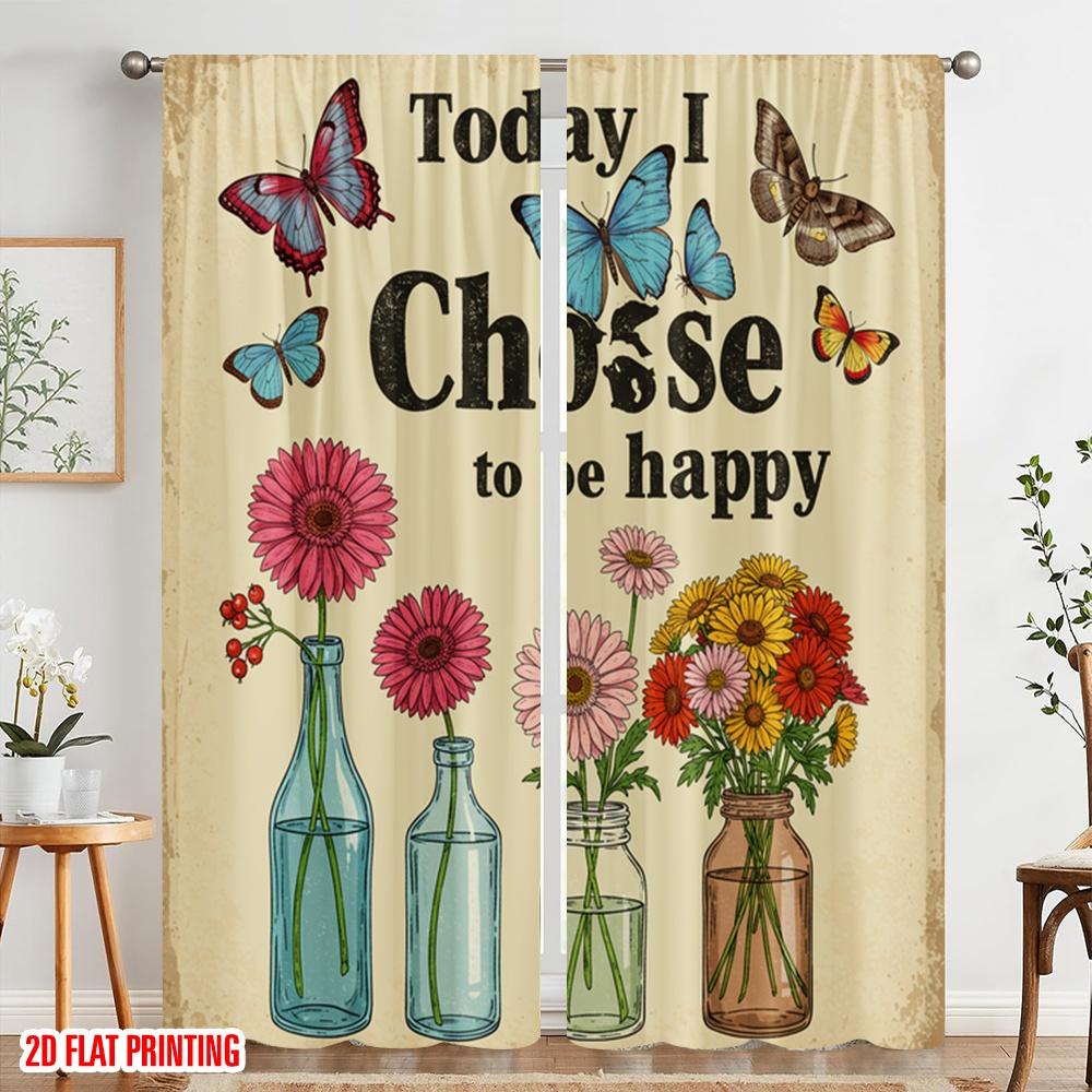 2pcs 2D Flat Printing Window Curtains Today I Choose Happy Butterflies Flowers Polyester Without Electricity Party Decorations