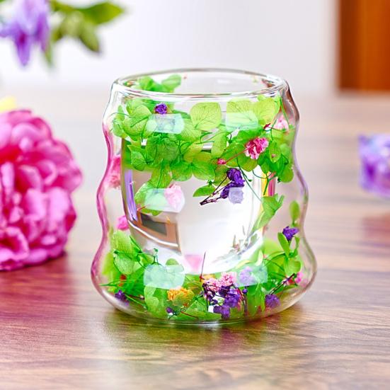 Dried Flowers Insulated Coffee Mug Double Wall Clear Glass Heat Resistant Tea Cup for Water