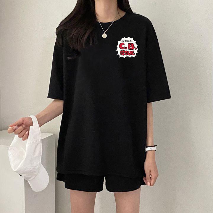 Women summer Casual Sports Loose Short Sleeve Top & Shorts Letter Printed Cotton Outfit  Two Piece Clothes Set