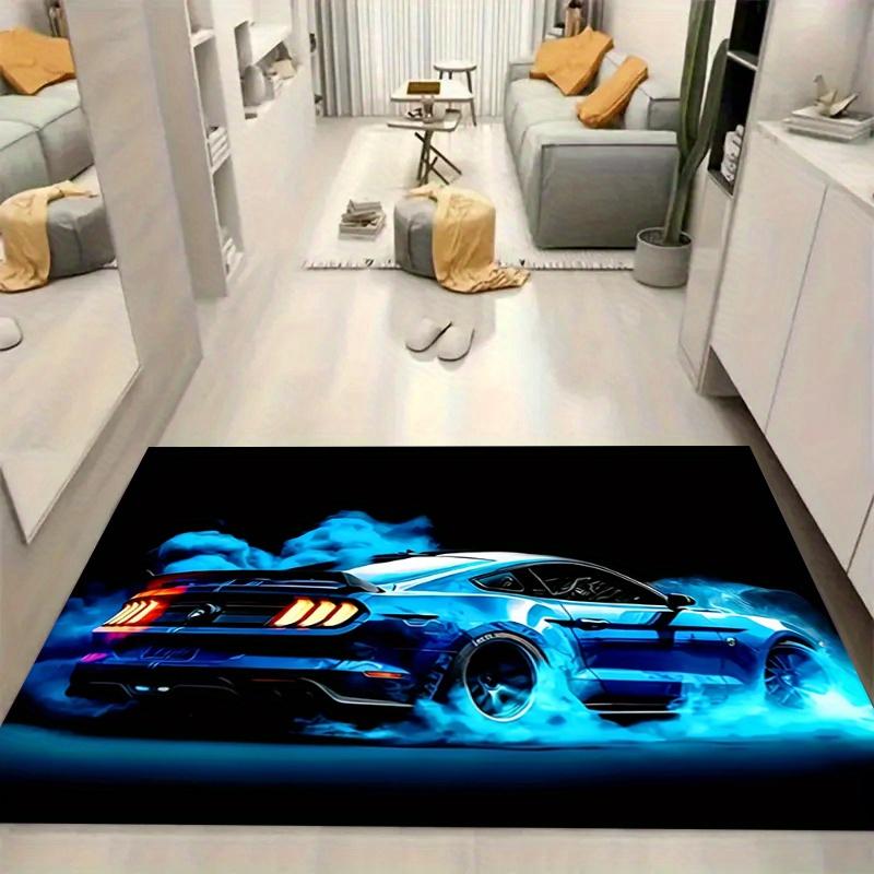 Blauer Sportwagen Design Teppich, für Wohnzimmer, Schlafzimmer, Spielzimmer Dekor - Auto Kunst Bodenmatte