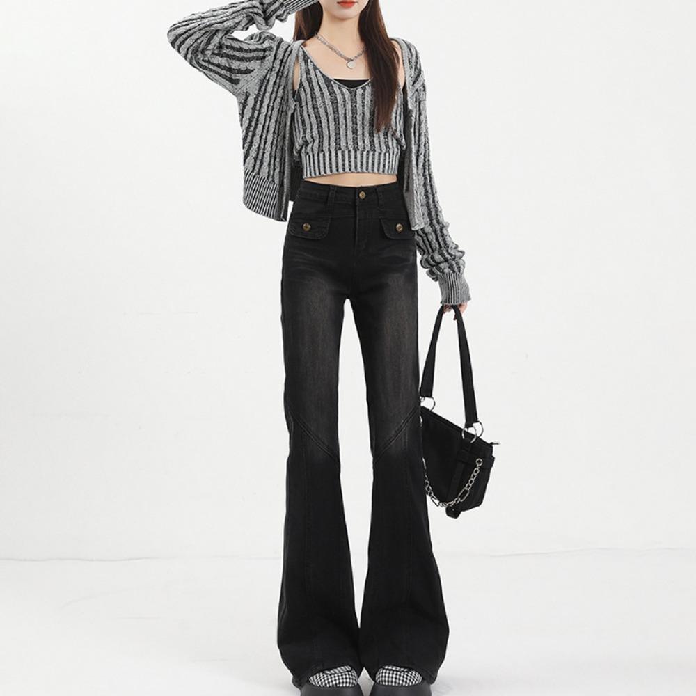 Autumn and Winter American Retro Horn Jeans Women's Clothing Tall Extended Horseshoe European and American Vibe Micro-pull Pants