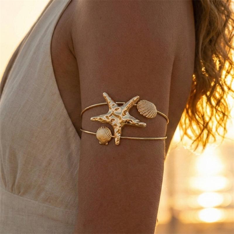 Vacation Style Gold Color Starfish Arm Cuff for Women Gold Color Scallop Upper Arm Adjustable Bracelet Bangle Beach Body Jewelry