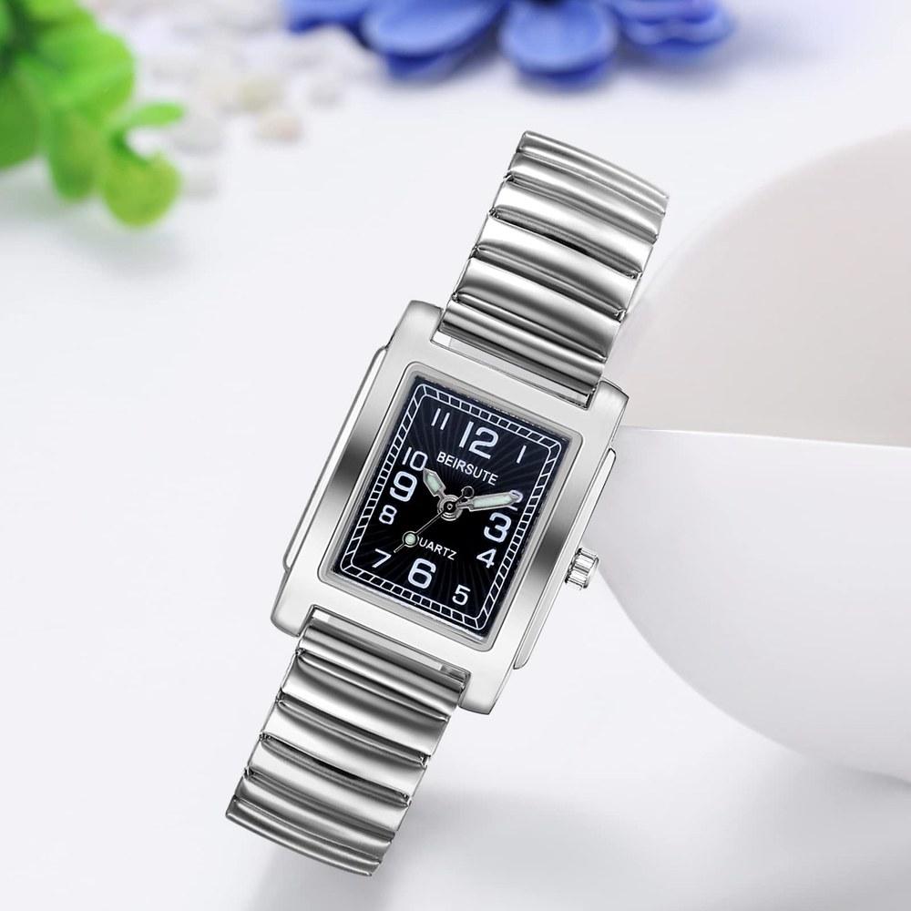 JewelryWe Women's Square Bracelet Watch Elastic Band Analog Waterproof Silver Gift