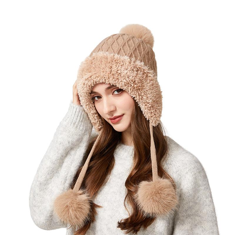 Autumn Winter Women's Three-Hair Ball Velvet Thick Cold Ear Protection Warm Knitted Cap