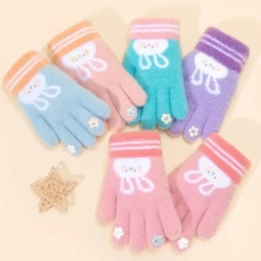 5 Colors Winter Kindergarden Kids Five-Finger Cartoon Knitted Gloves Girls Warm Thickened Plush Gloves Cute Bunny Gloves 3-5Y