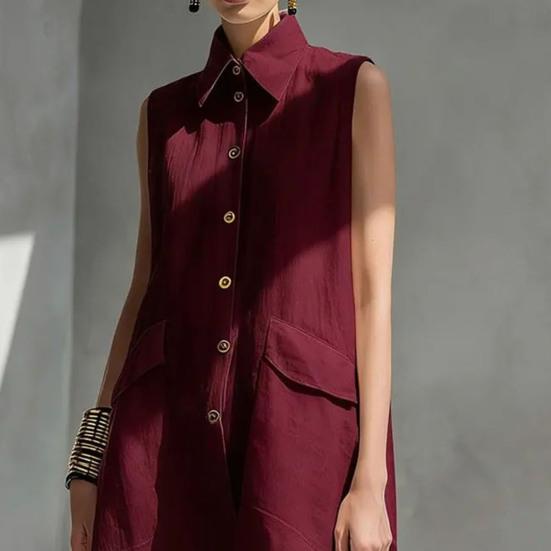 Damen Sommer Hemdblusenkleid Knopfleiste Ärmellos Revers Midi Tankkleid Lässige Tunika Strand Sommerkleid mit Taschen
