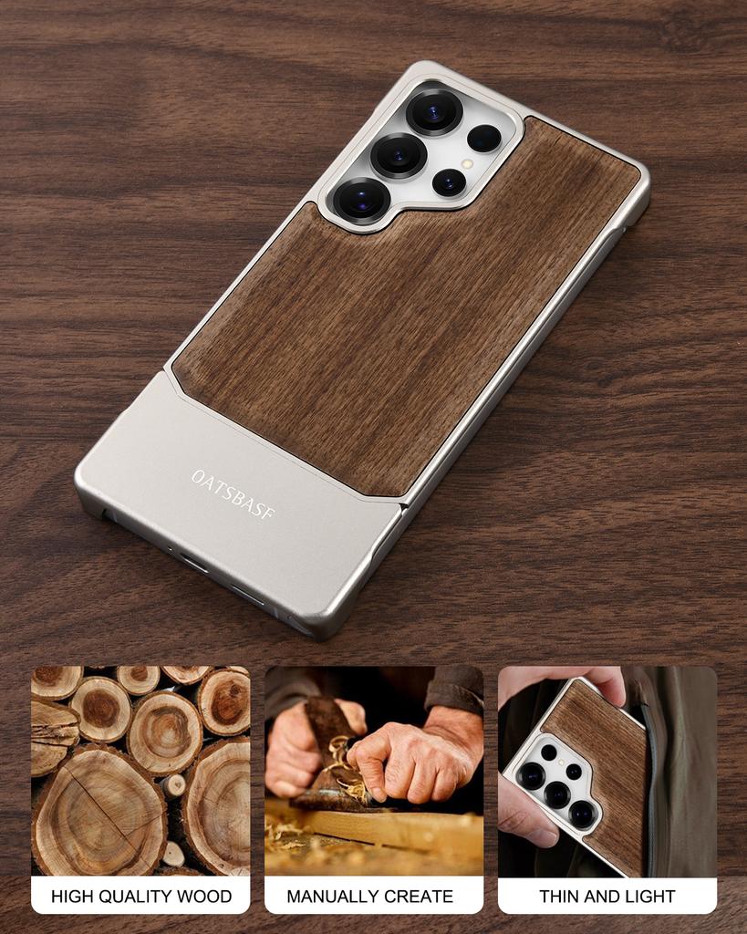 Oatsbasf Solid Wooden Phone Case for Samsung Galaxy S25 Ultra Magnetic Shockproof S25 Ultra Case Metal Frameless Easy To Install