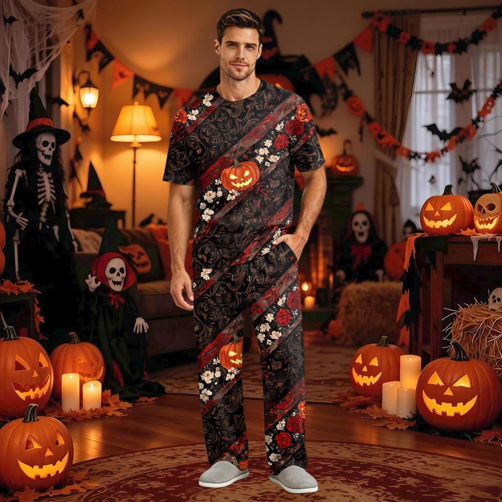 Men's Home Pajama Set, Short Sleeve Top and Long Pants with Button Fly and Drawstring Waist