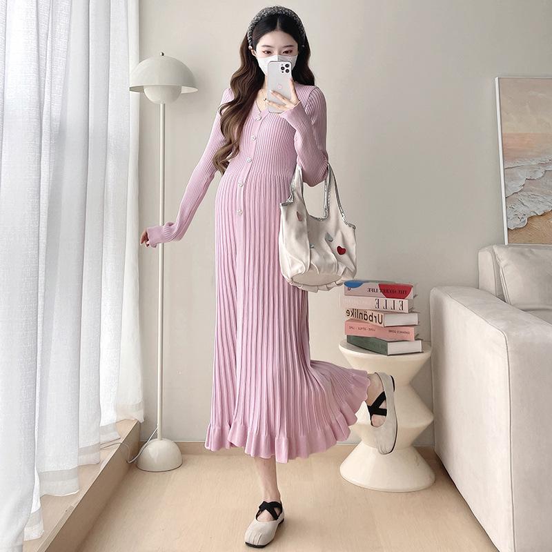 

2026 V-Neck Loose Pleated Maternity Sweater Dress - Autumn/Winter New Arrival 2XL розовый