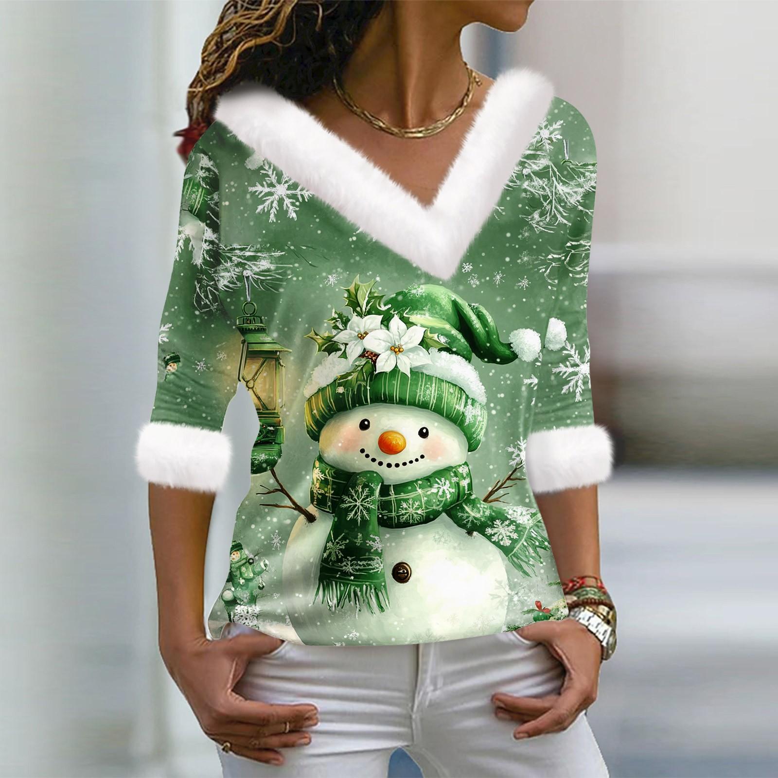 

Женский модный повседневный топ с V-образным вырезом и длинными рукавами, рождественским принтом и плюшевым воротником XL