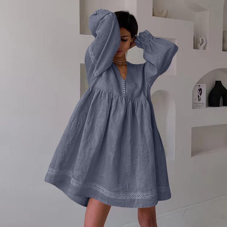 Women's Loose Summer Dress Elegant Commuting Long Sleeve V Neck Lace Spliced Button Beach Dress