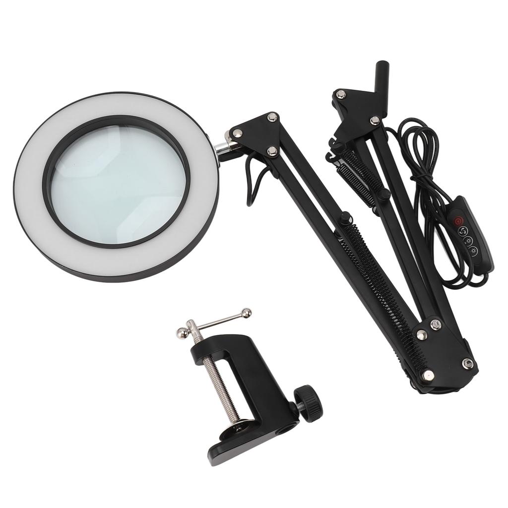 10X Magnifying Lamp with Clamp Black Adjustable Swivel Arm 3 Colors Mode USB 5V Stepless Dimming Aluminum Alloy Desk