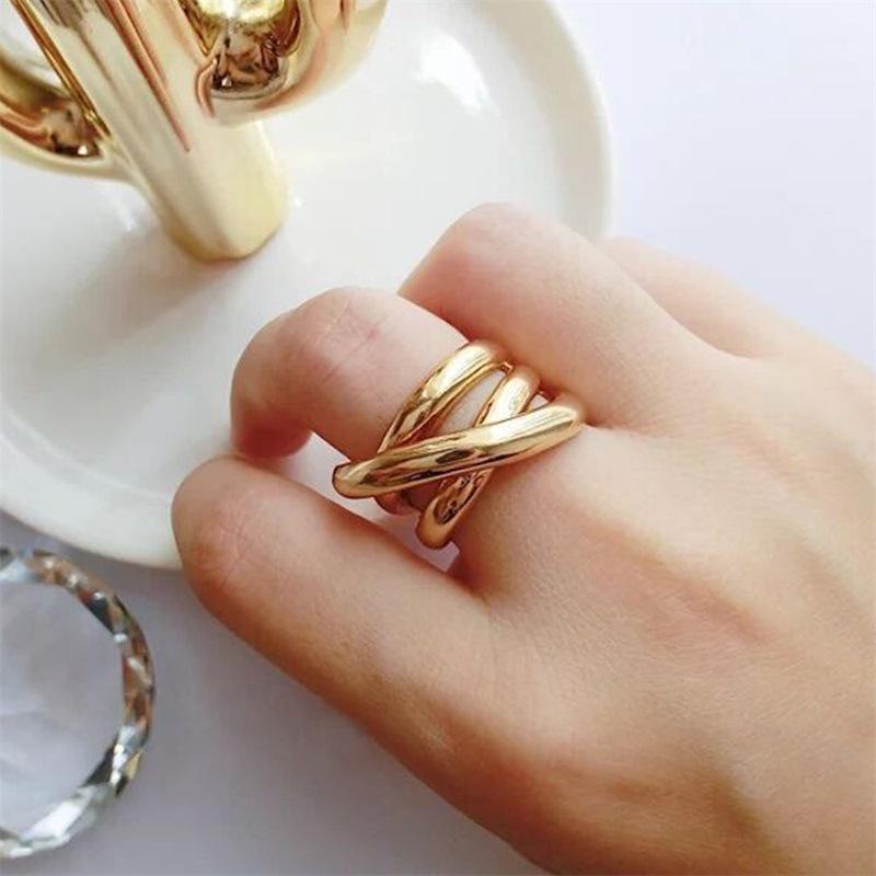 18K Gold-Plated Stainless Steel Double Layer Twisted Open Ring - Versatile High-End Commuting Jewelry.