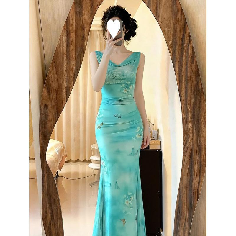 New butterfly print swinging collar suspender dress female slim waist fishtail long dress Spice girl vacation skirt
