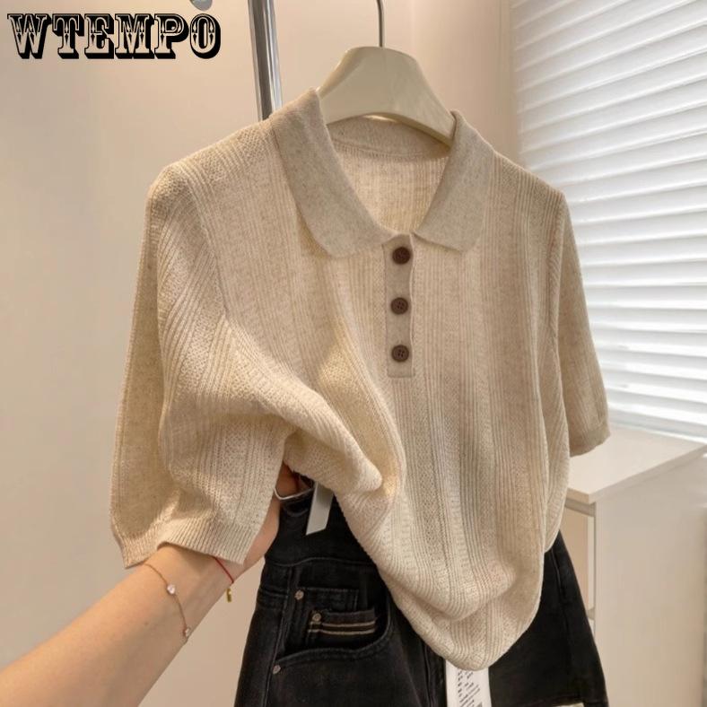 Summer Casual Polo Shirt Top Collar Knit Short Sleeved T-shirt for Women