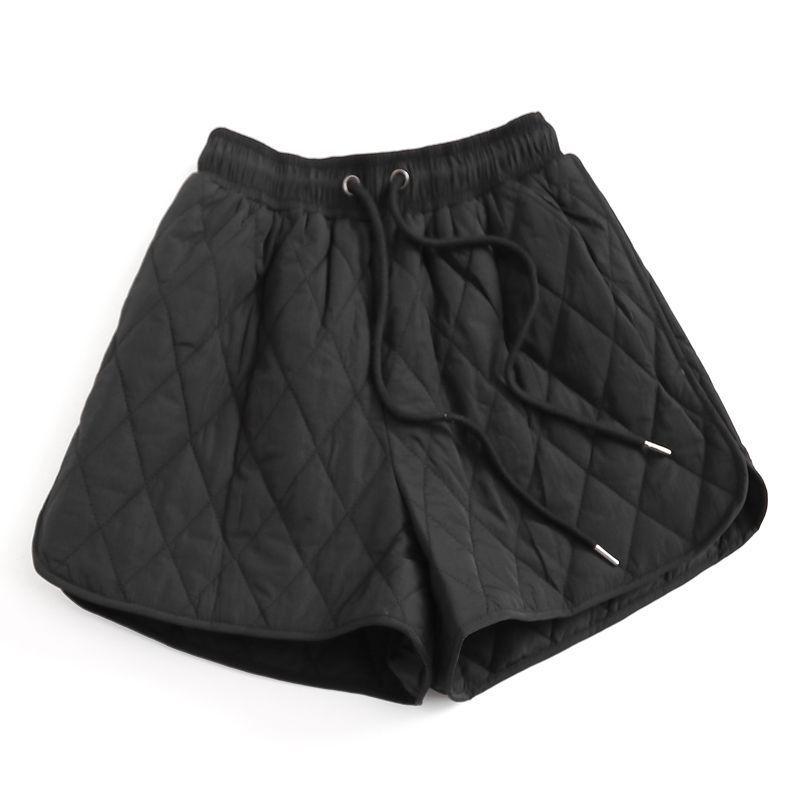 Solid Color Quilted Padded Wide Leg Shorts with Drawstring Waist - Slim Fit, High Waist, Autumn Winter Women's Outerwear Pants
