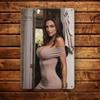 Retro Metal Tin Sign Woman In OffShoulder Taupe Bodycon Dress Vintage Indoor Portrait Wall Art Decor Xcm