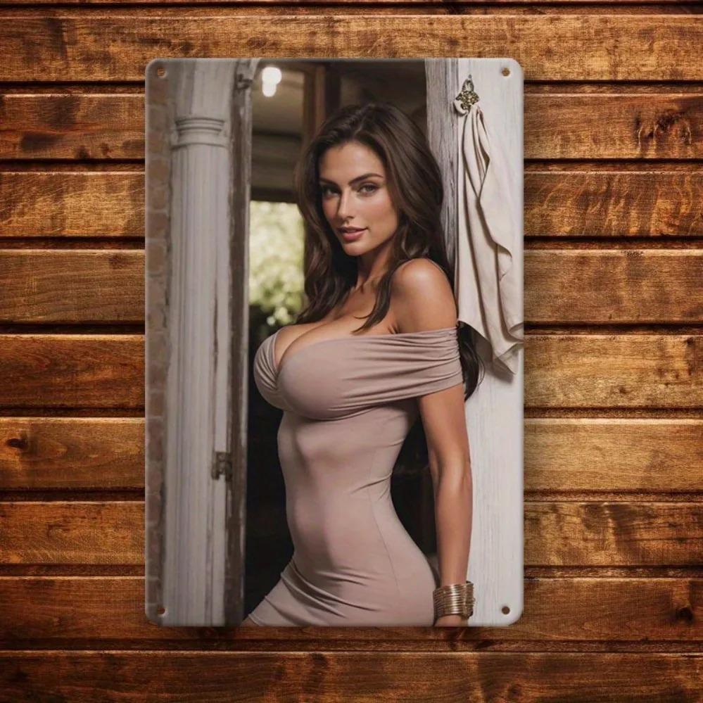 Retro Metal Tin Sign Woman In OffShoulder Taupe Bodycon Dress Vintage Indoor Portrait Wall Art Decor Xcm