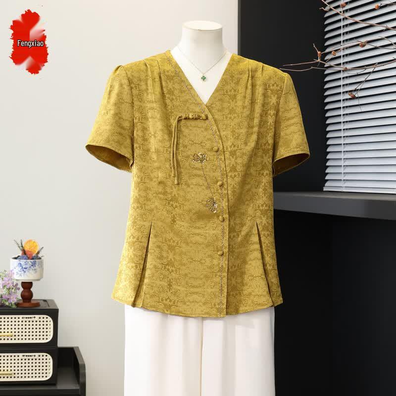 Elegant New Chinese Style Short-Sleeve Blouse for Women 2XL