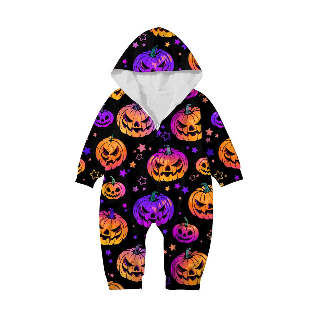 Halloween Printed Family Matching Hooded Long Sleeved Zippered Hooded Jumpsuit Set