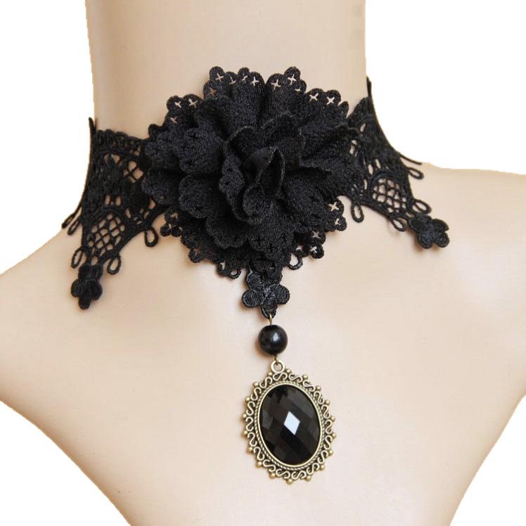 Lace Flower Gem Choker - Women's Fashion Necklace for Nightclubs and Bars