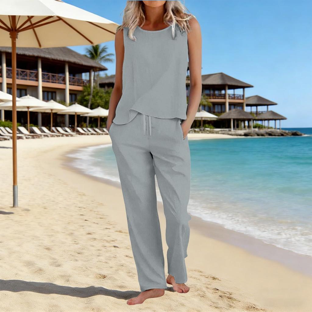 Women 2 Piece Sleeveless Tank Tops Wide Leg Pants Casual Linen Sets