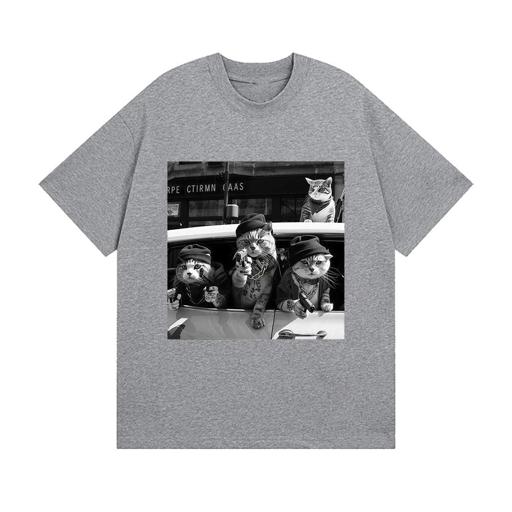 Funny Cat Gang Retro Pattern T-shirt for Men, Hip-hop Humor Clothing, Unisex Gothic Summer Print 100% Pure Cotton T-shirt