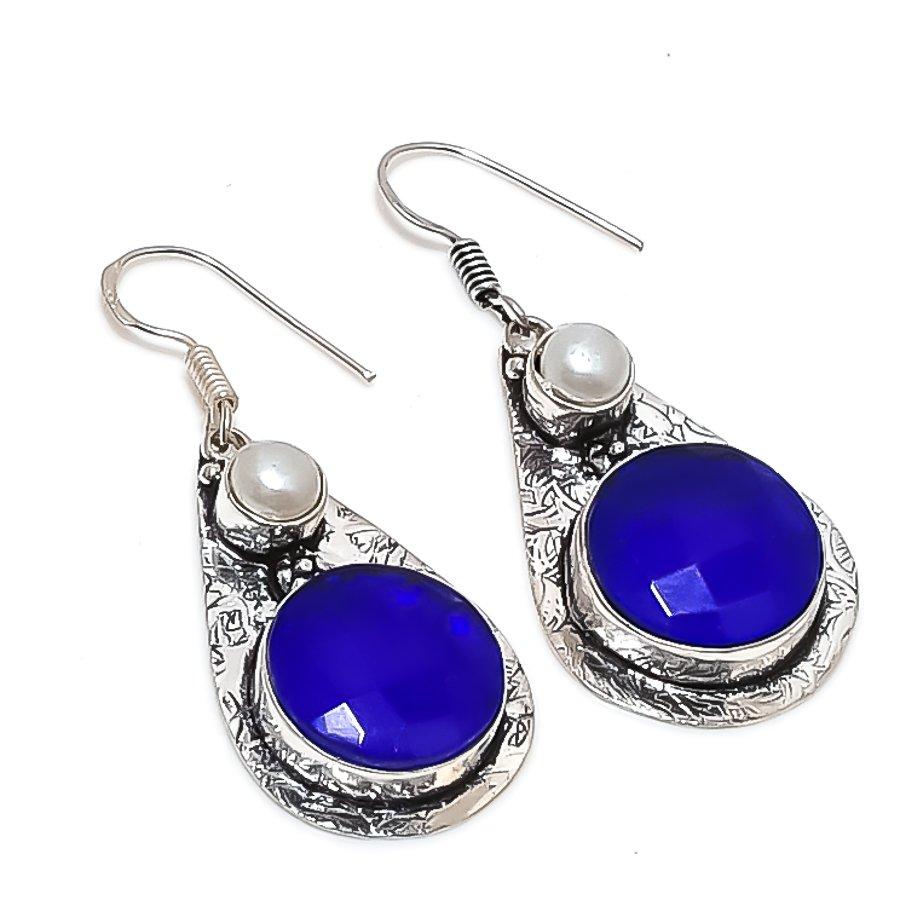 Sapphire(Simulated), Pearl 925 Sterling Silver Earring 1.85" a4g29
