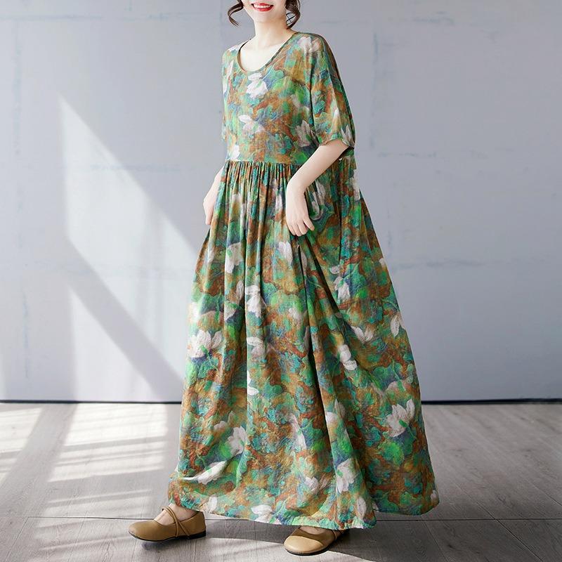 Simple Bohemian Long Dress Summer New Fattened Plus Short Sleeve Crew Neck Printed Dress Women's Clothing