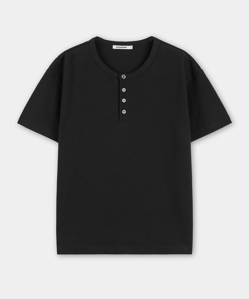 EXCONTAINER Henley Neck Waffle Half Sleeve (Black)