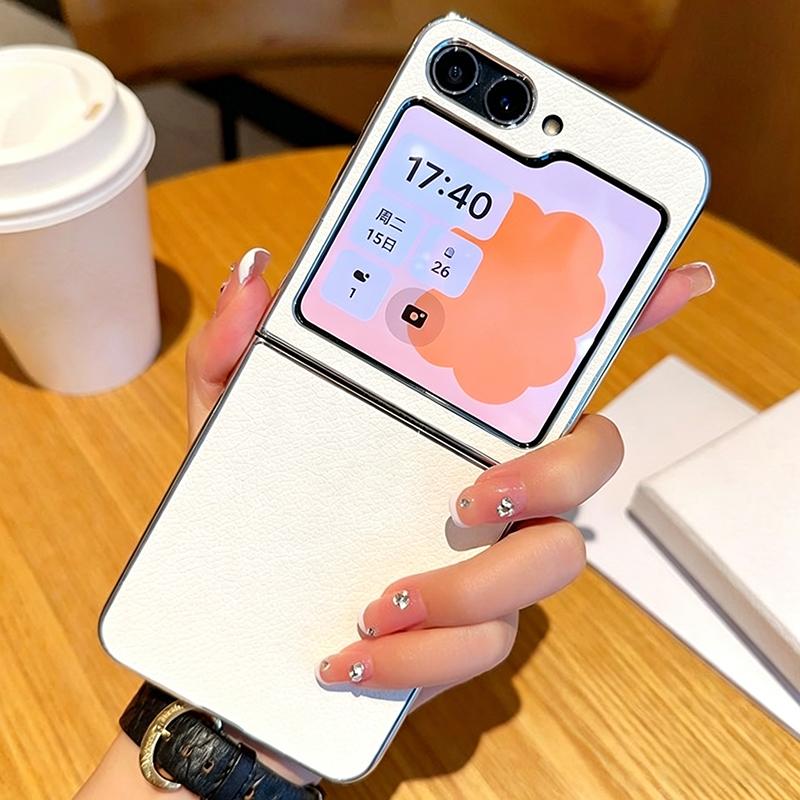 Solid Color Lychee Texture Phone Case For Samsung Galaxy Z Flip7 FE Flip 7 6 5 Electroplating Silver Plating PC Protective Cover