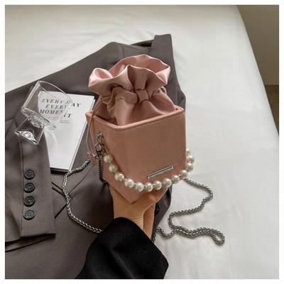 High Grade Sense Drawstring Bucket Bag for Women Korean Fashion Versatile Pearl Chain Mini Handbags Lady Casual Soft Leather Bag