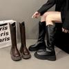 Solid color temperament retro British style thick heel platform boots women's 2025 new autumn but knee knight boots
