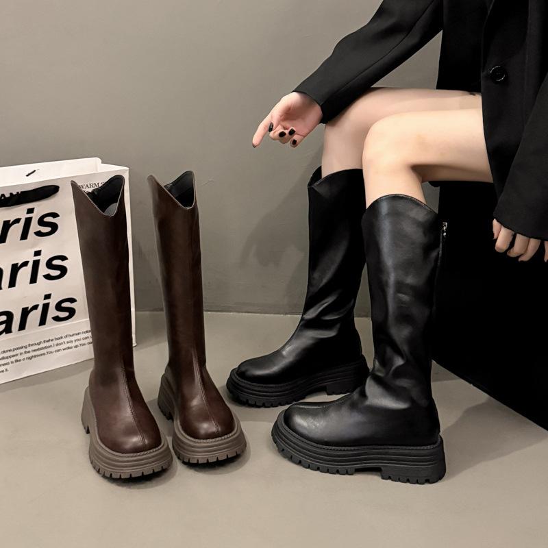 Solid color temperament retro British style thick heel platform boots women's 2025 new autumn but knee knight boots