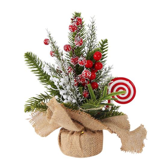 Small Christmas Artificial Plants with Burlap Base Faux Pine Branches with Red Berries/Poinsettias Flower
