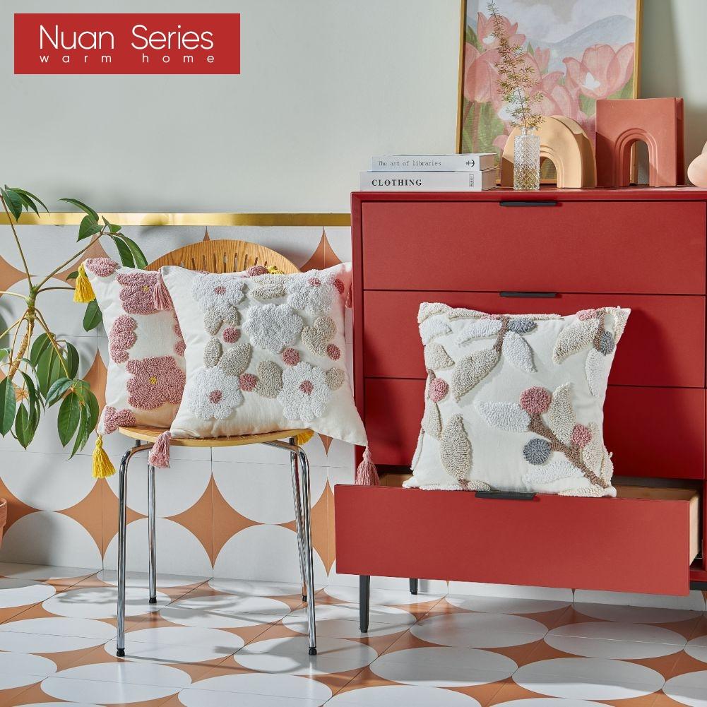 1PC Nuan Series Versatile Floral and Green Leaf Pillowcase 3D Embroidered Cushion Cover for Sofa Living Room Bedroom Home Decor