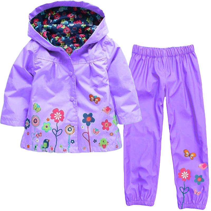 Mädchen Regenmantel für Frühling und Herbst, winddicht, mit Kapuze, Schlagjacke, lange Hose, zweiteiliges Set