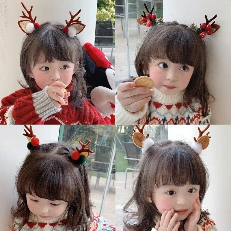 New Year Christmas Gift Kawaii Red Hair Pin Children Barrettes Bow Deer Santa Claus Kids Headwear Girls Kids Hair Accessories