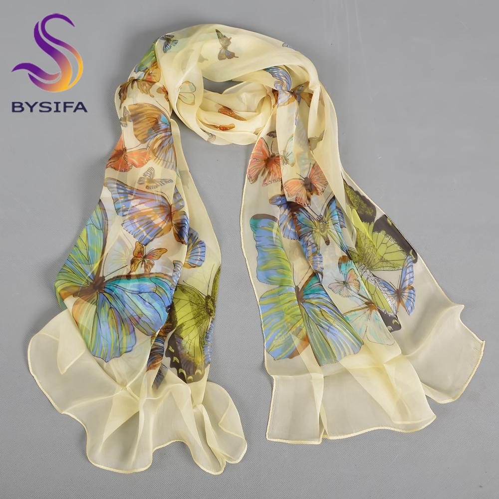 [BYSIFA] Beige Butterfly Silk Scarf Shawl Foulard 160*55cm-Chiffon 100% Mulberry Silk Neck Scarves Large Wrap For Women 160*55cm