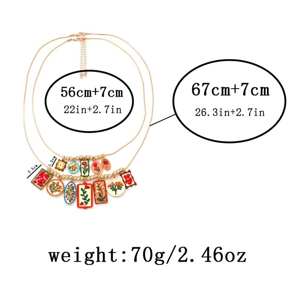 Metal Chain Enamel Floral Necklace Layered Charm Flower Pendant Necklace Ethnic Style Exaggerated Beads Clavicle Chain Gift