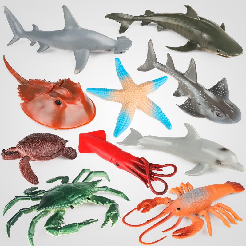 Marine Animal Simulation Model Figures: Shark, Dolphin, Hammerhead, Crab, Squid, Starfish for Kids' Education