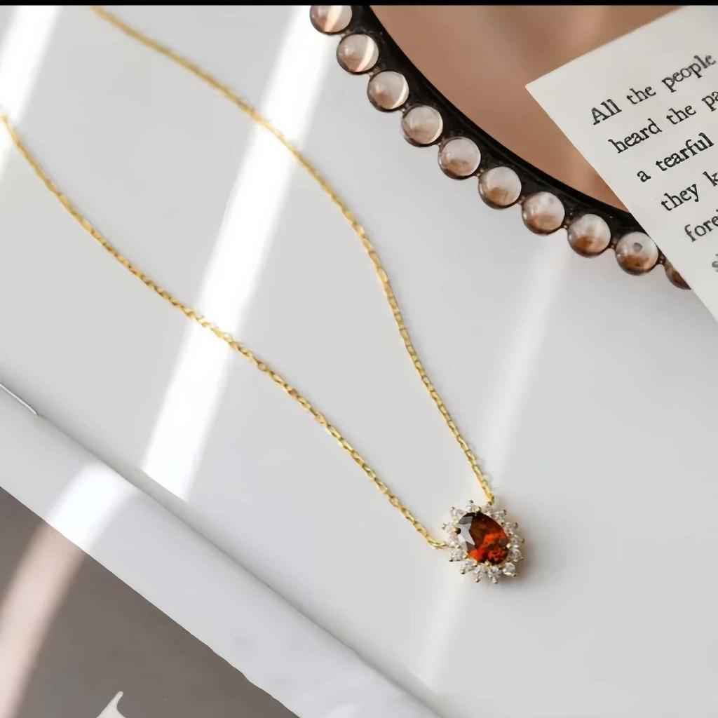 18K Gold Plated Sterling Silver Garnet Red Ruby Necklace for Women - Retro Fashion Clavicle Chain