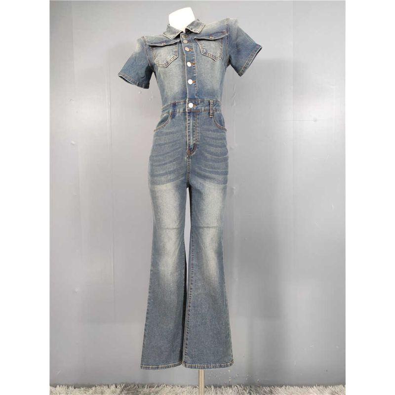 

Экспорт Однотонный Модный Универсальный Взрослый Женственный Женский Высокий Стройнящий Джинсовый С Коротким Рукавом На Пуговицах Приталенный Талию Ретро Стильный Расклешенный Комбинезон Retro Blue L